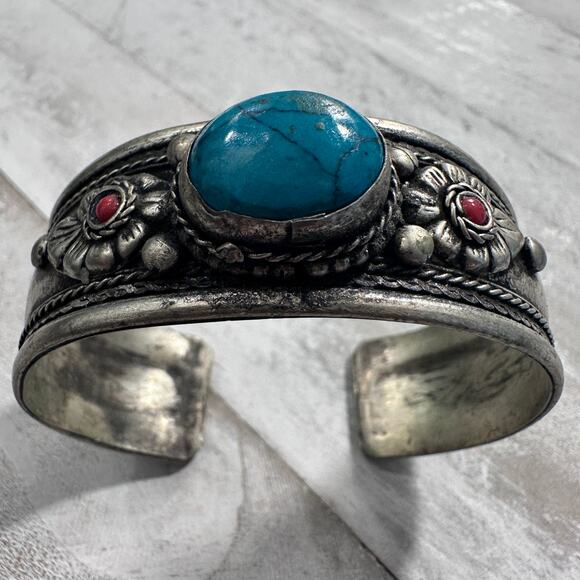 None Jewelry - Blue and red faux Turquoise cuff bracelet Tibetan Silver from Nepal Unisex